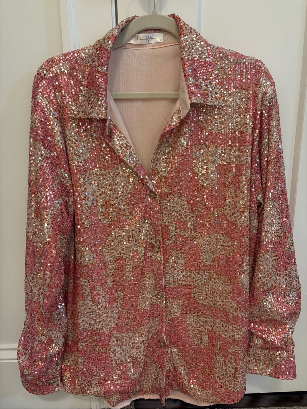 Moon Ryder Pink and Gold sequin button down leopard blouse NWOT